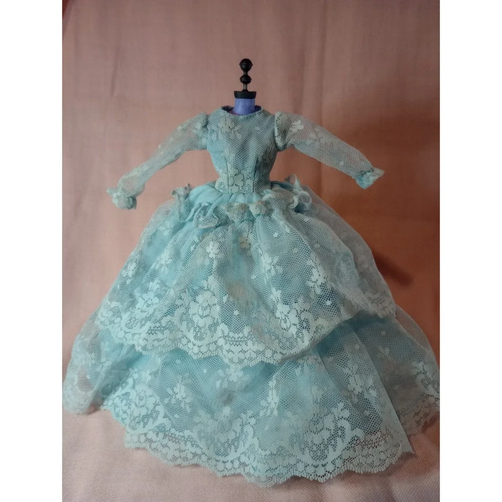 Vintage Barbie Doll Light Blue Lace Ball Gown Dress Formal Outfit Snap Closure